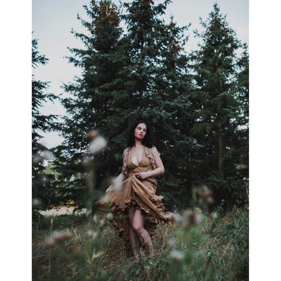 Vintage Women's Tan Victorian Boho Style Handmade Layered Ruffle Dress New - Picture 10 of 11